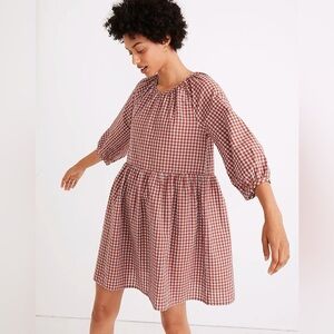 madewell gingham seersucker raglan puff-sleeve mini dress